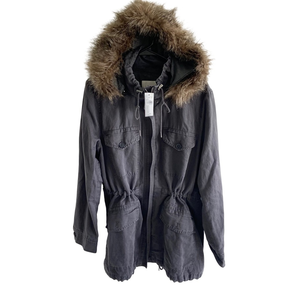 Loft Grey Linen Cotton Faux Fur Trim Hooded Utility Parka Jacket Large NEW